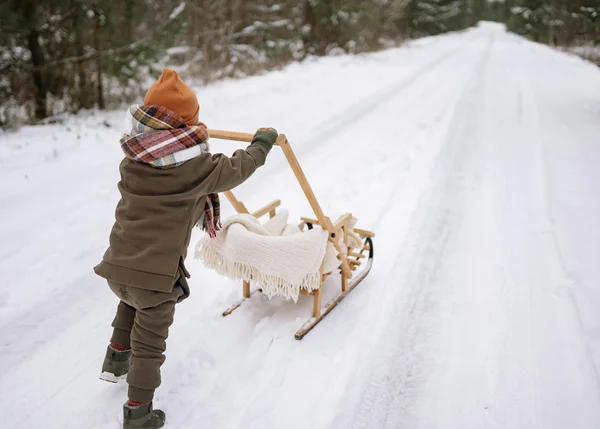 Wandertipps: Hier finden Sie die schönsten Touren! Kind schiebt Schlitten mit Decke auf schneebedecktem Waldweg