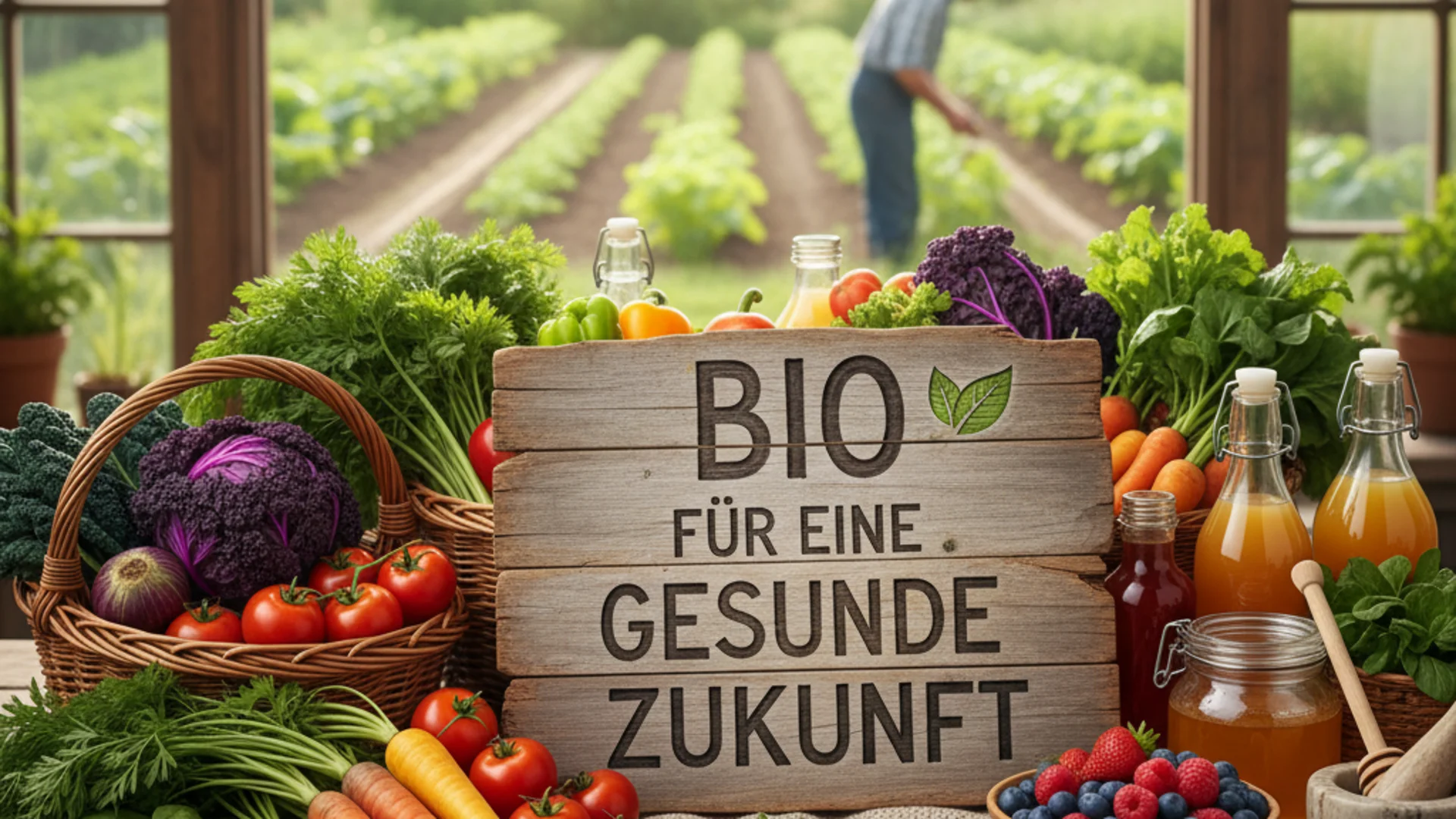 Wohlfühlprogramm oder Massage in Tirol? Frisches Bio-Gemüse und Obst mit Schild für eine gesunde Zukunft auf Holztisch im Gewächshaus