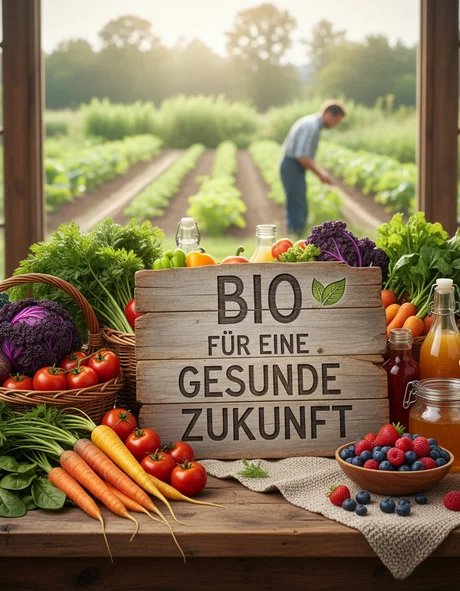 Der Bio-Blog des Leutascherhof Frisches Bio-Gemüse und Obst mit Schild für eine gesunde Zukunft auf Holztisch im Gewächshaus