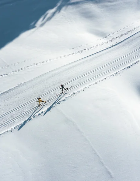 Der Bio-Blog des Leutascherhof Zwei Langläufer auf einer verschneiten Loipe mit langen Schatten